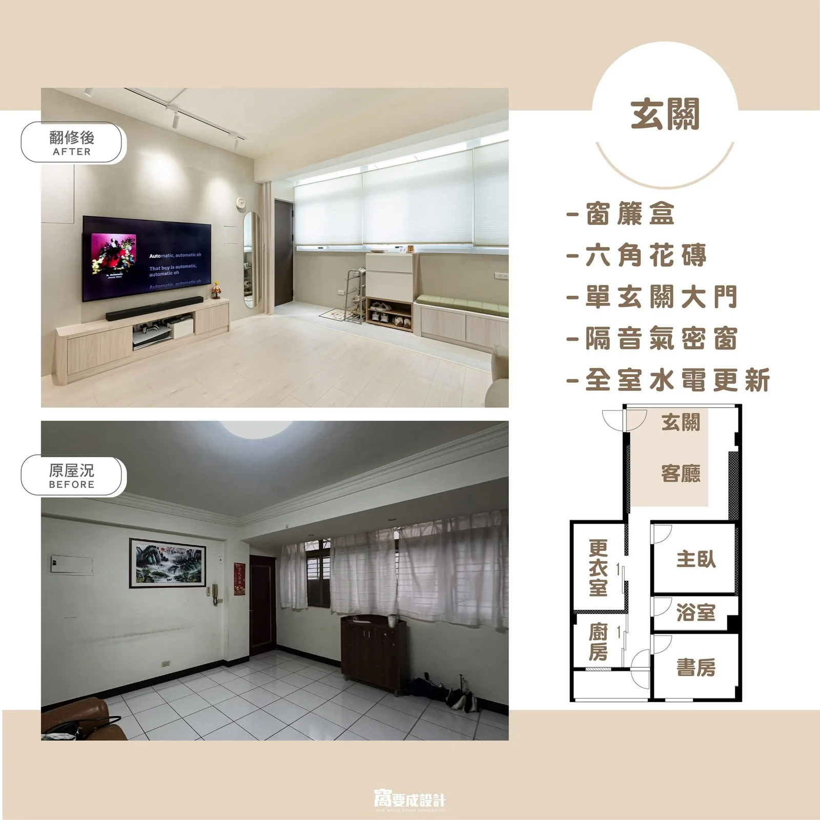 玄關翻新案例解析,包含窗簾盒、六角磚、玄關門、隔音窗與水電更新