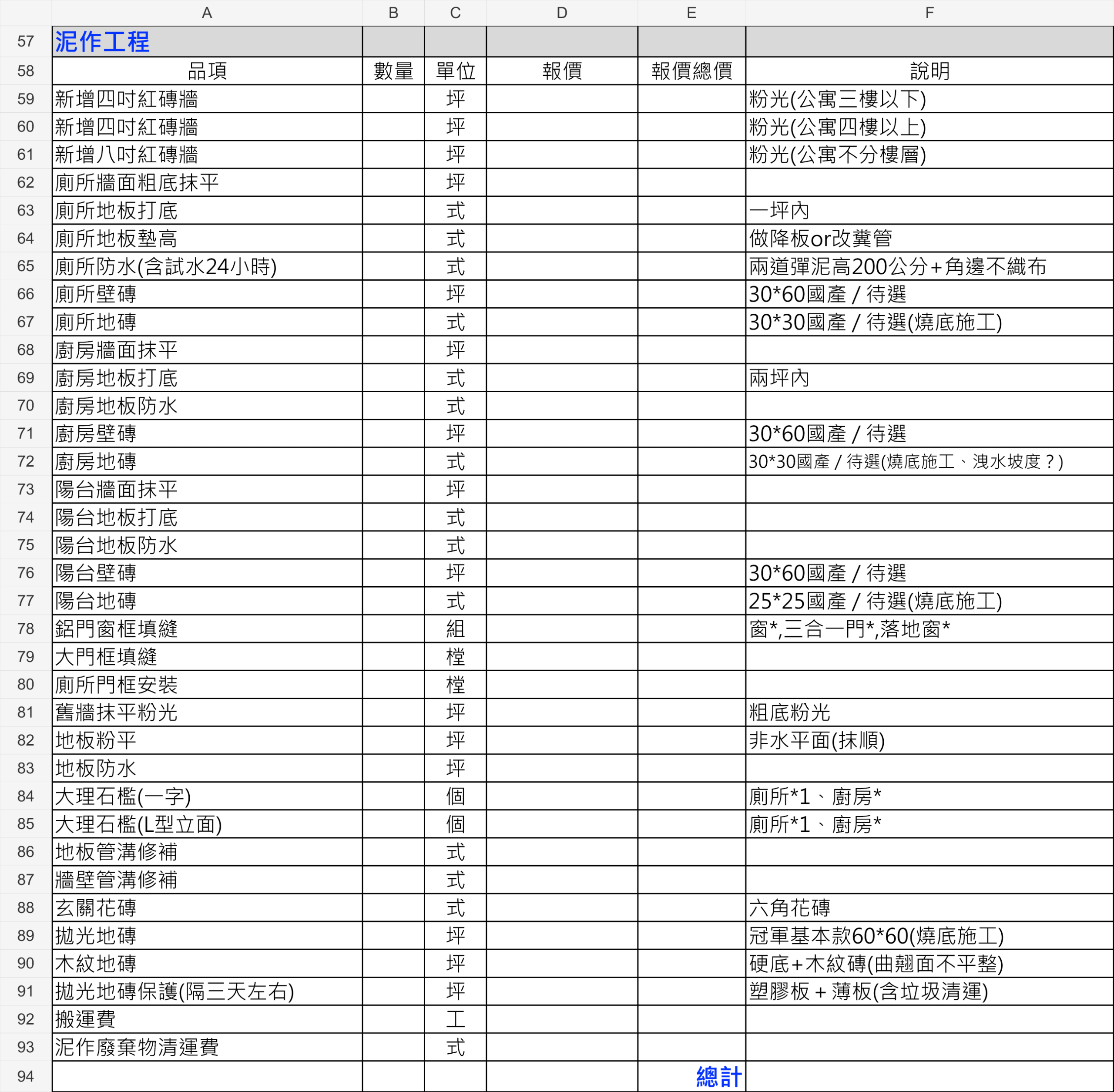 窩要成泥作工程報價單範例，列出砌牆、防水、貼磚與修補品項