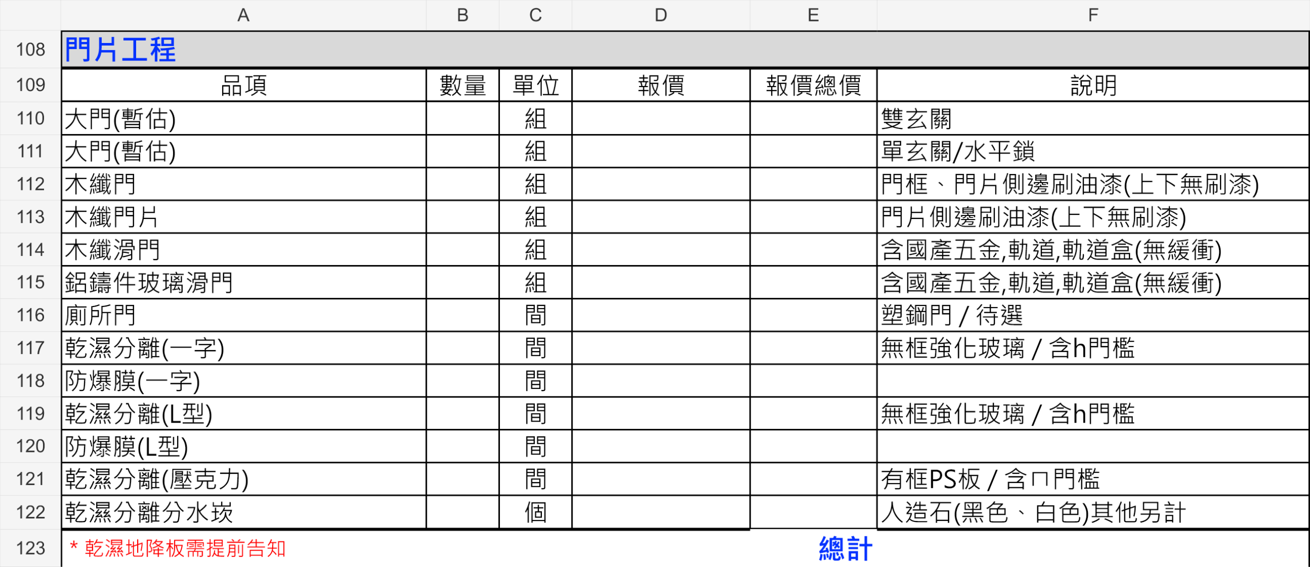 窩要成門片工程報價單範例，列出大門、木纖門、滑門及乾濕分離品項
