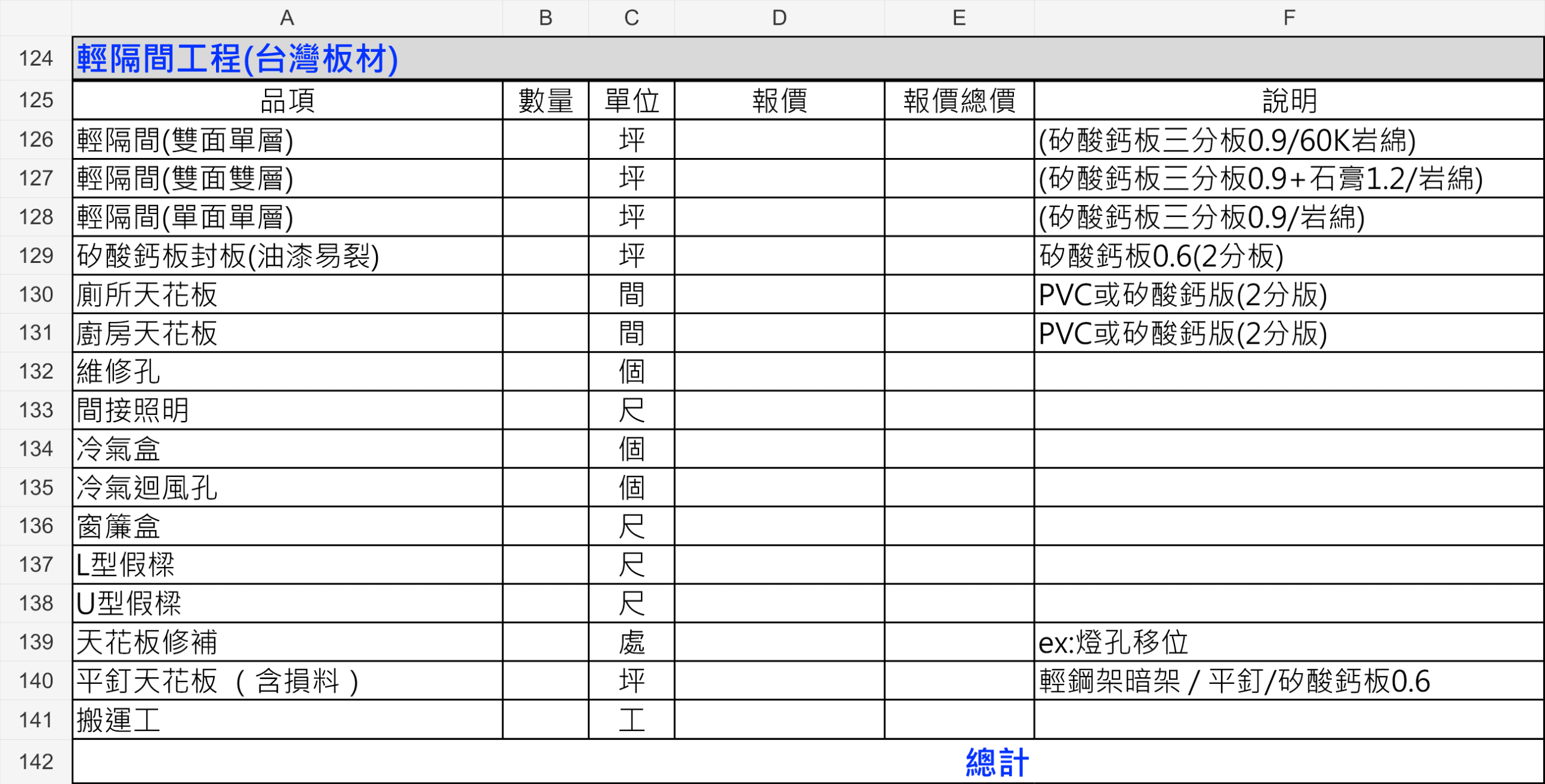 窩要成輕隔間工程報價單範例，列出板材、天花、維修孔及照明造型