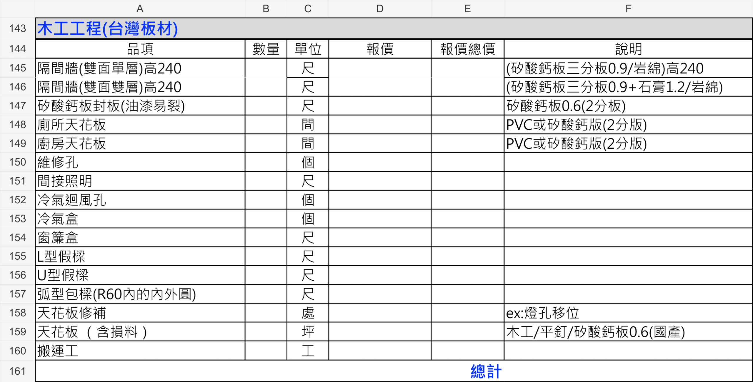 窩要成木工工程報價單範例，列出隔間牆、天花及造型品項