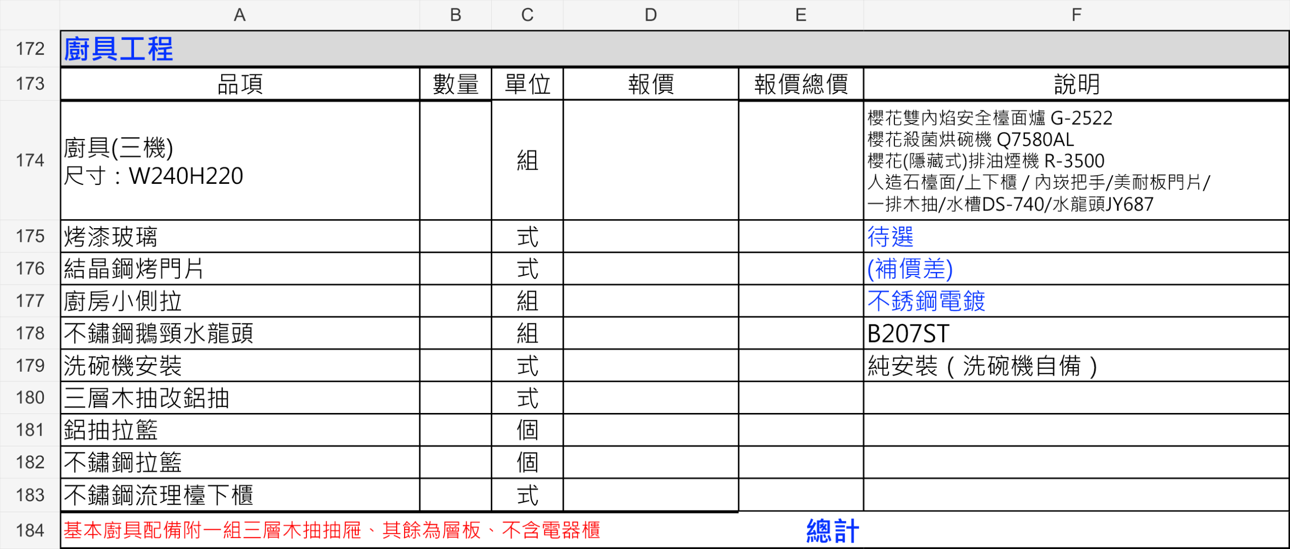 窩要成廚具工程報價單範例，列出廚具設備、門片、五金及安裝品項