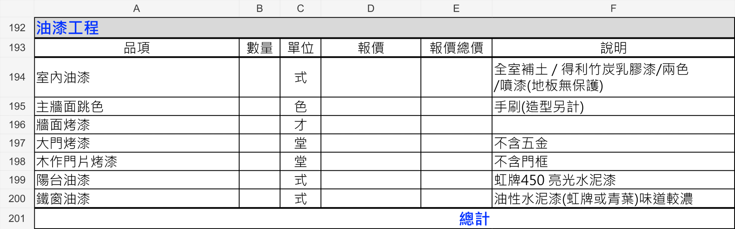 窩要成油漆工程報價單範例，列出室內油漆、跳色、烤漆及陽台油漆